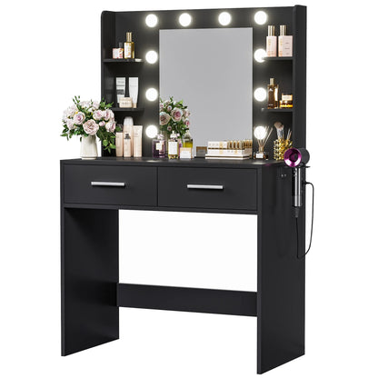Furmax Makeup Vanity Table and Chair Set with 3 Modes Adjustable Lights and Mirror Vanity Desk with Shelves and Drawer