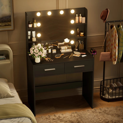 Furmax Makeup Vanity Table and Chair Set with 3 Modes Adjustable Lights and Mirror Vanity Desk with Shelves and Drawer