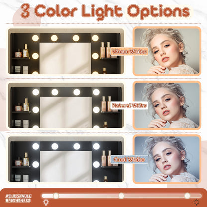 Furmax Makeup Vanity Table and Chair Set with 3 Modes Adjustable Lights and Mirror Vanity Desk with Shelves and Drawer