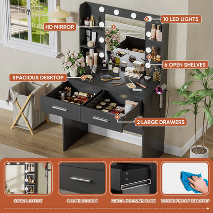 Furmax Makeup Vanity Table and Chair Set with 3 Modes Adjustable Lights and Mirror Vanity Desk with Shelves and Drawer