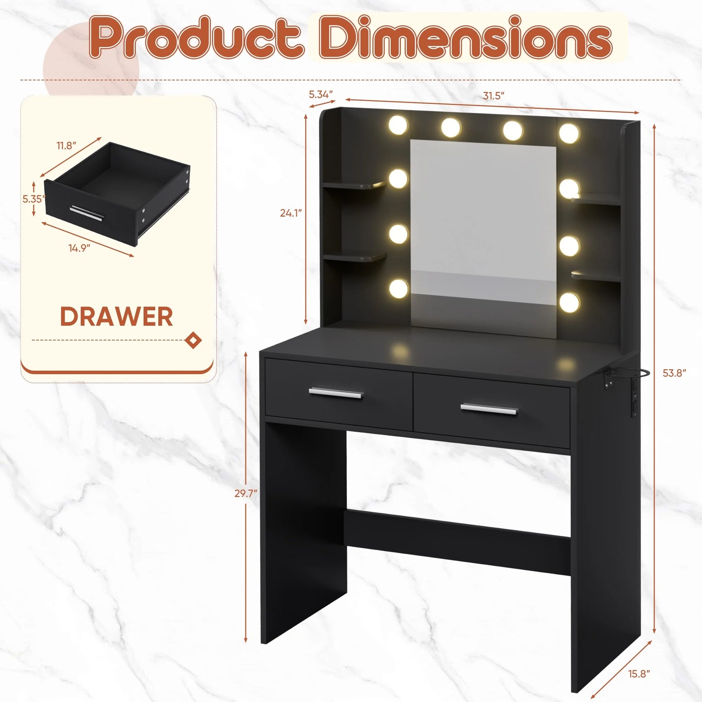 Furmax Makeup Vanity Table and Chair Set with 3 Modes Adjustable Lights and Mirror Vanity Desk with Shelves and Drawer