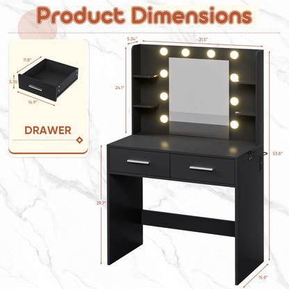 Furmax Makeup Vanity Table and Chair Set with 3 Modes Adjustable Lights and Mirror Vanity Desk with Shelves and Drawer