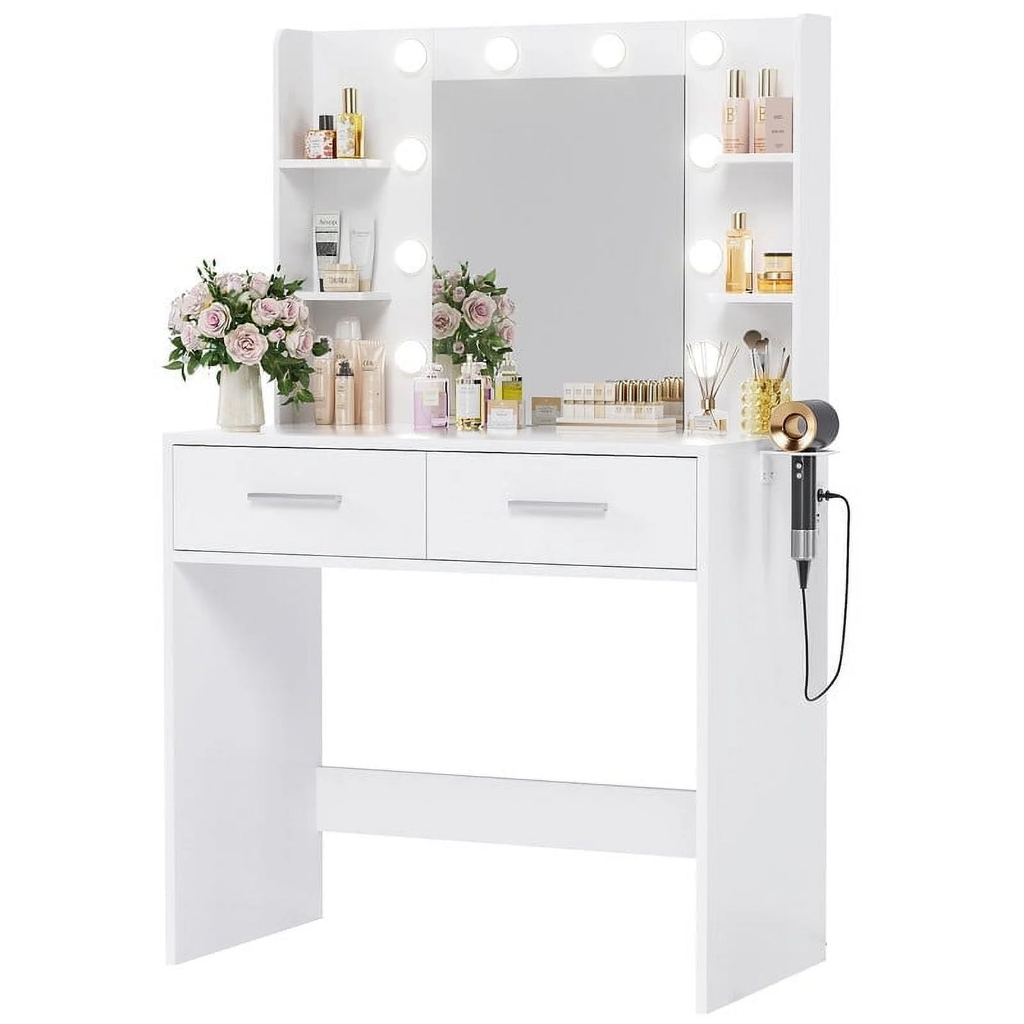 Furmax Makeup Vanity Table and Chair Set with 3 Modes Adjustable Lights and Mirror Vanity Desk with Shelves and Drawer
