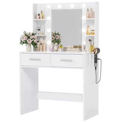 Furmax Makeup Vanity Table and Chair Set with 3 Modes Adjustable Lights and Mirror Vanity Desk with Shelves and Drawer