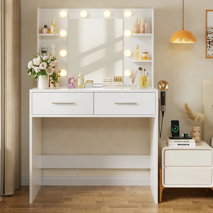 Furmax Makeup Vanity Table and Chair Set with 3 Modes Adjustable Lights and Mirror Vanity Desk with Shelves and Drawer