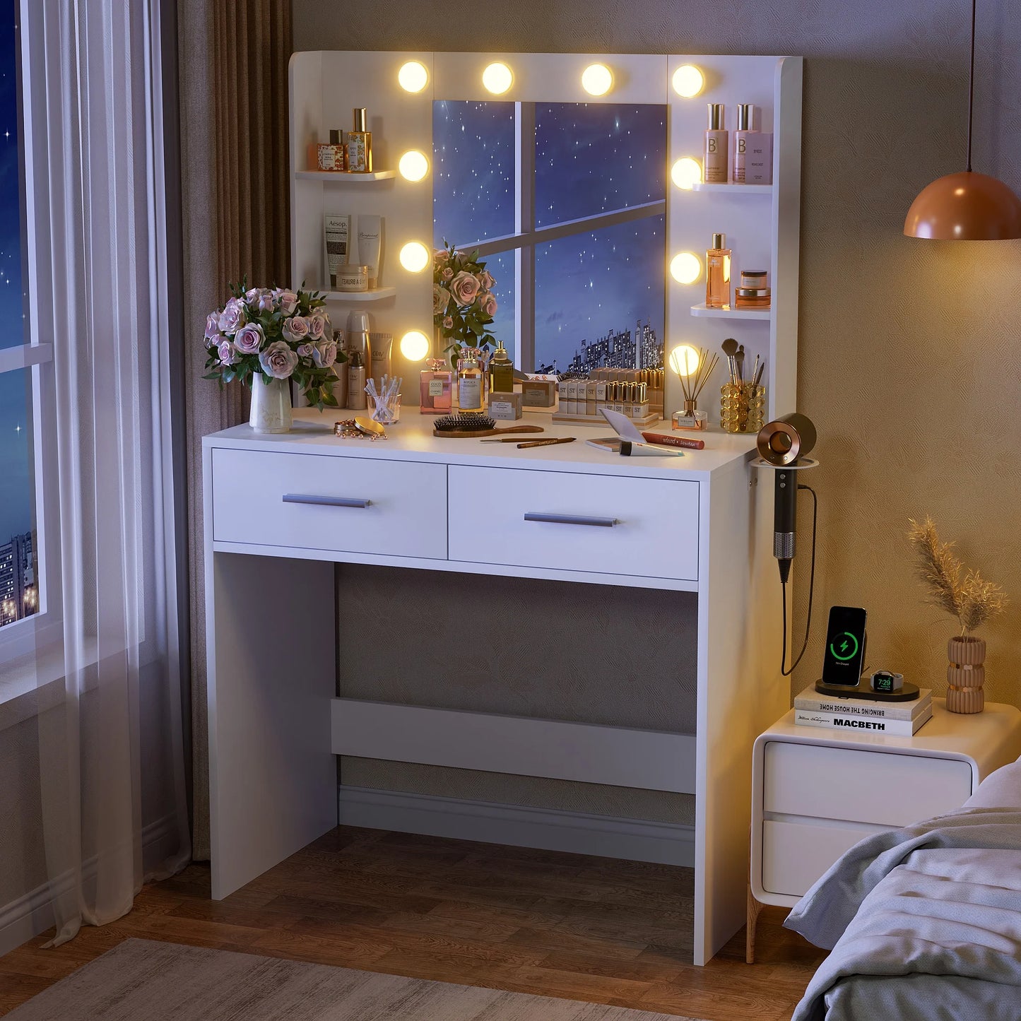 Furmax Makeup Vanity Table and Chair Set with 3 Modes Adjustable Lights and Mirror Vanity Desk with Shelves and Drawer