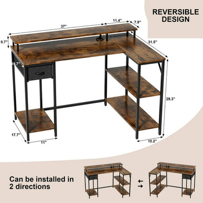Furmax L-Shape Office Desk Gaming Table with LED Lights Built-in Socket Computer Stand Cloth Drawer 2 Types of Assembly