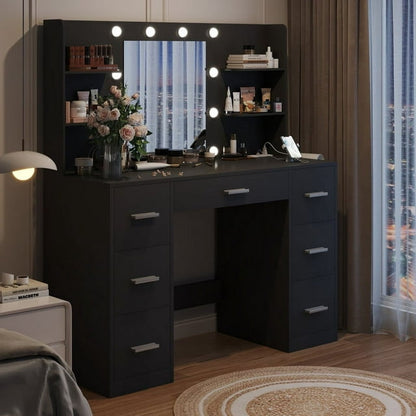 Furmax Makeup Vanity with Mirror and Drawers Vanity Desk Set with 3 Modes Adjustable Brightness Lights and USB Power Outlet
