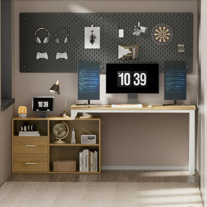 Furmax 55 Inch L-Shaped Corner Computer Desk with File Cabinet, Power Outlet, Home Office Desk with 2 Drawers and 3 Storage Shelve, Workstation Executive Desk with Storage Shelf for Home Office