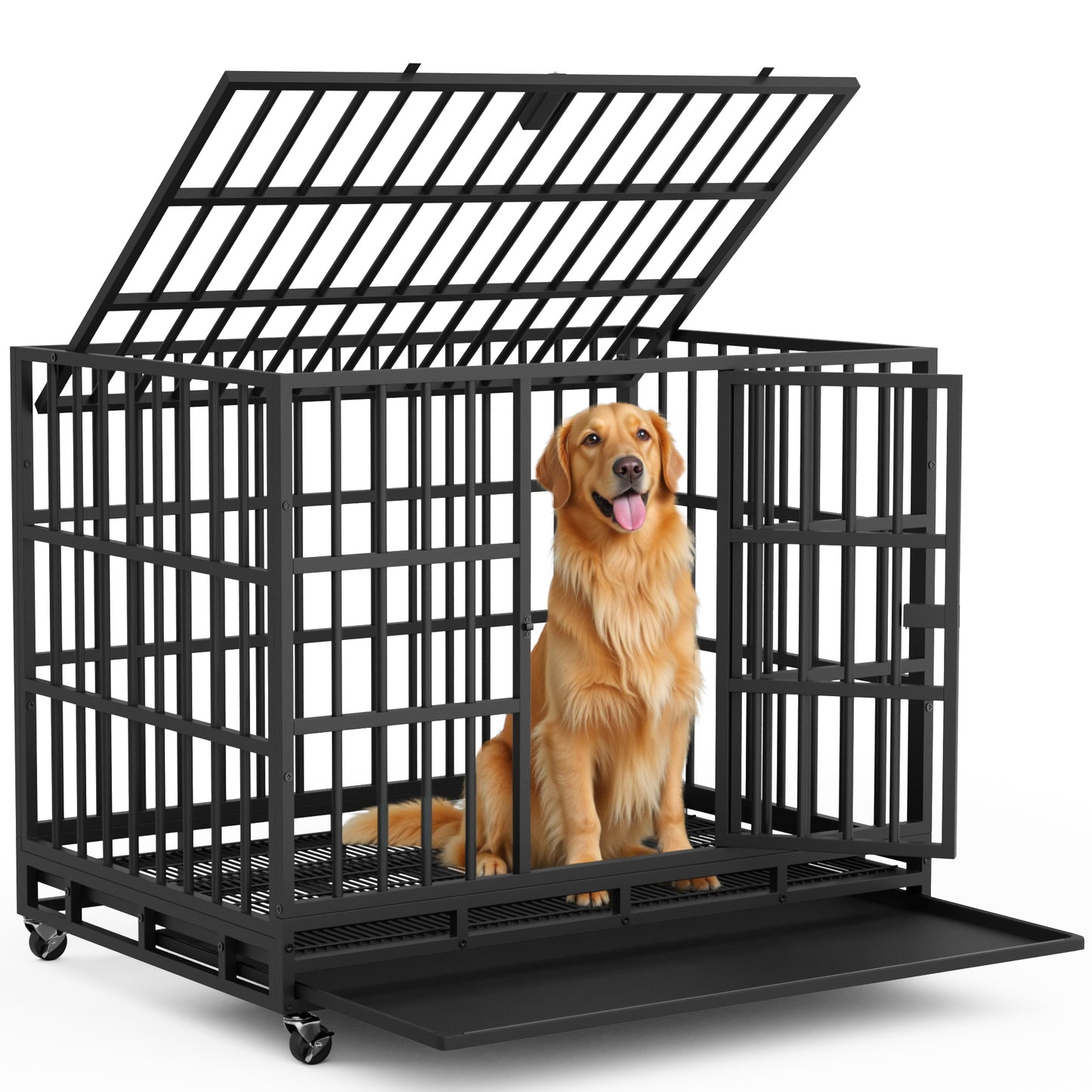 Furmax Heavy Duty Dog Crate with Removable Tray Large Dog Kennel Heavy Duty Dog Crate cage with Wheels