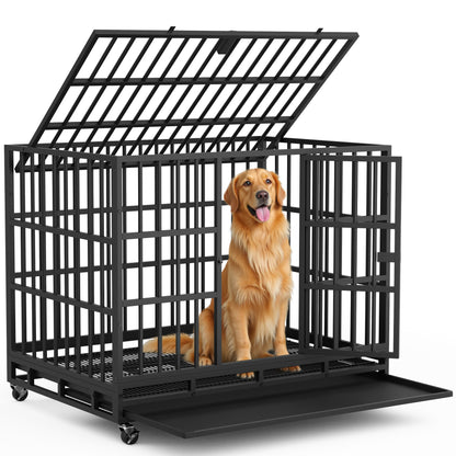 Furmax Heavy Duty Dog Crate with Removable Tray Large Dog Kennel Heavy Duty Dog Crate cage with Wheels