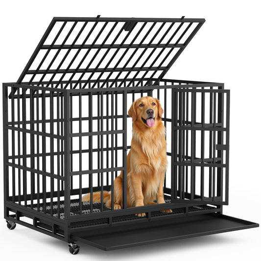 Furmax Heavy Duty Dog Crate with Removable Tray Large Dog Kennel Heavy Duty Dog Crate cage with Wheels