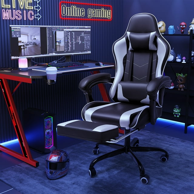 Furmax High Back Massage Gaming Chair with Footrest PU Leather Racing Computer Chair with Lumbar Support Ergonomic Office Chairs, White
