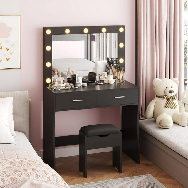 Furmax Makeup Vanity Table Set with Lights and Mirror Vanity Desk with Drawer and Chair