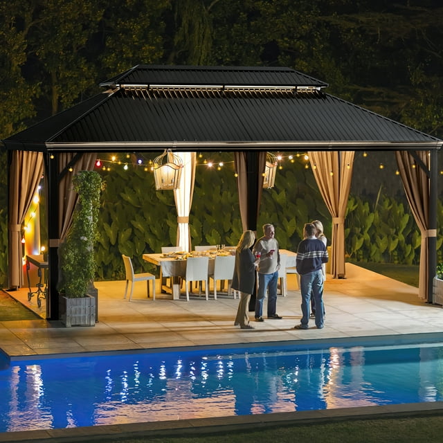 Furmax 10' x 12' Outdoor Hardtop Gazebo Galvanized Steel Metal Double Roof and Aluminum Frame with Canopy, Netting, Curtains Permanent Pergola for Patio Backyard Garden Lawns Parties
