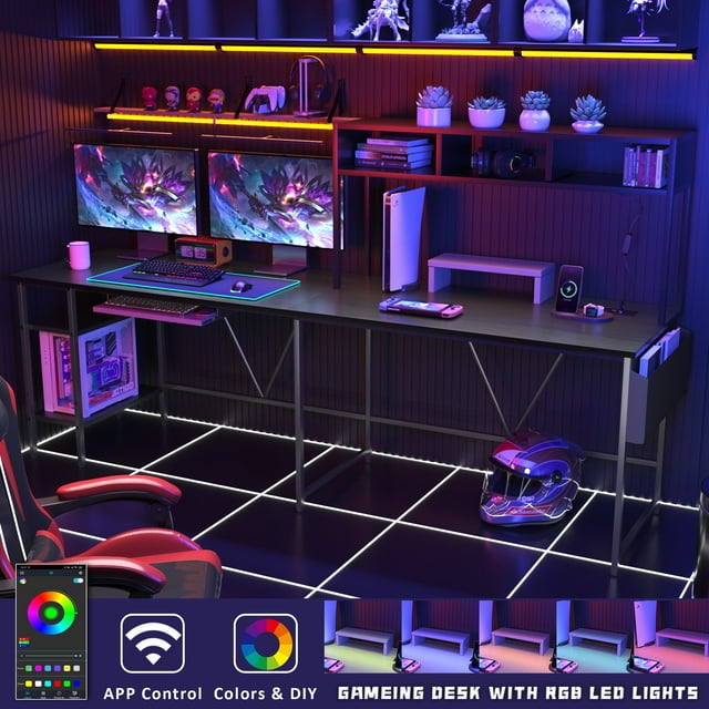 Furmax L-Shape Office Desk Gaming Table with LED Lights Storage Rack Built-in Socket Computer Stand Organizer Pocket Keyboard Drawer