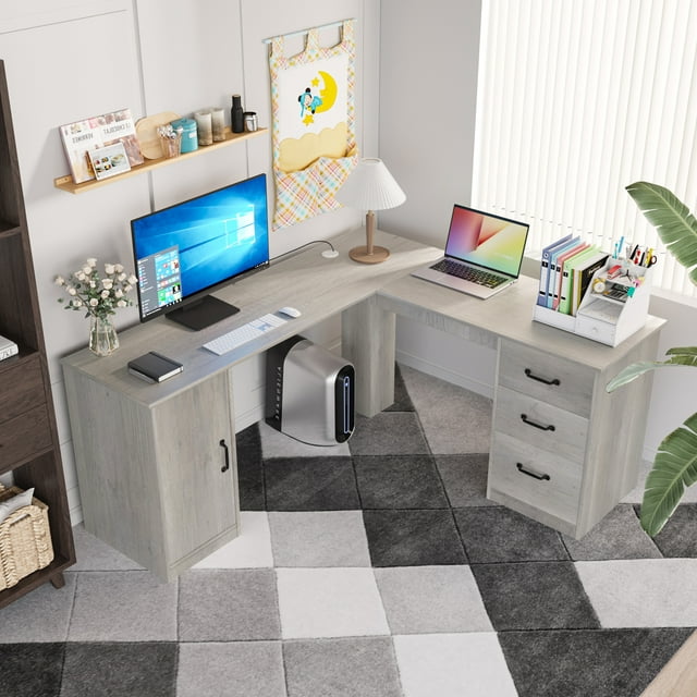 Furmax L Shaped Desk Corner Office Desk Computer Desk with Storage Cabinet & Drawers