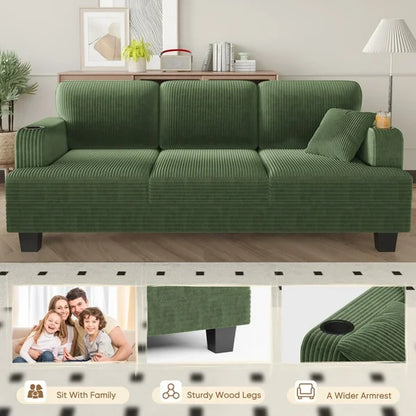 Furmax 84''W 3 Seat Sofa Couch Wide Armrest Modern Fabric Sofa with USB Charging Ports Corduroy Couch for Living Room,Green