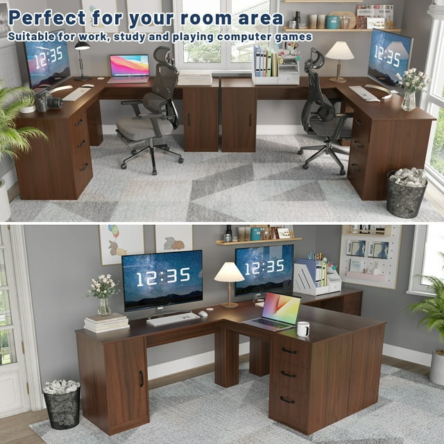 Furmax L Shaped Desk Corner Office Desk Computer Desk with Storage Cabinet & Drawers