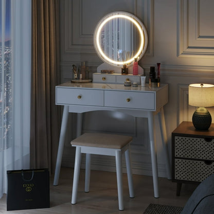 Furmax Vanity Table with Lighted Mirror, Vanity Desk with Stool, Dressing Table with 4 Drawers, Makeup Vanity Set
