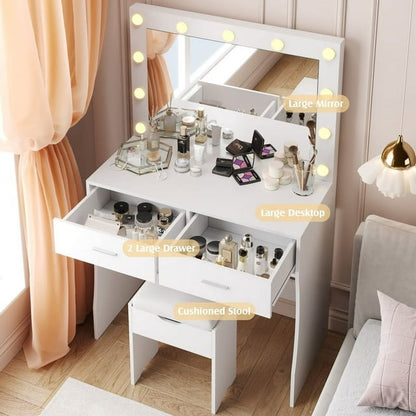 Furmax Makeup Vanity Table Set with Lights and Mirror Vanity Desk with Drawer and Chair