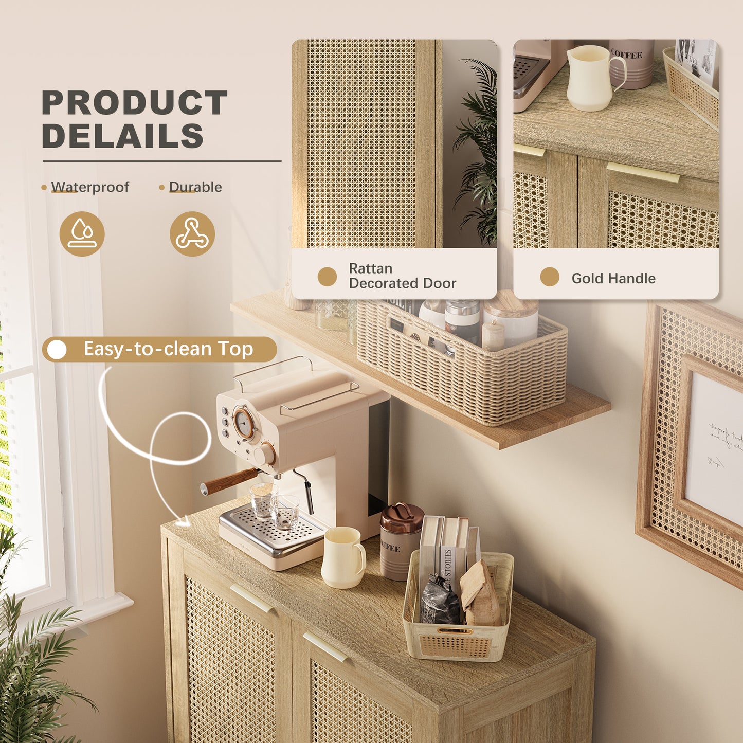 Furmax Rattan Door Buffet Cabinet Sideboard for Kitchen Wood Storage with Adjustable Shelf for Hallway Entry and Living Room
