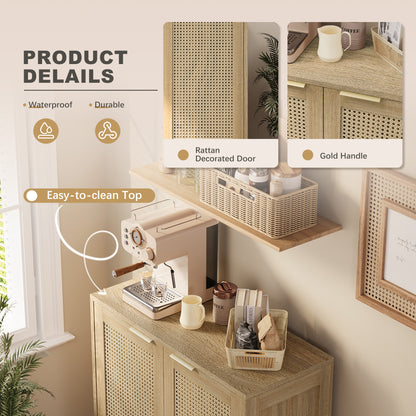Furmax Rattan Door Buffet Cabinet Sideboard for Kitchen Wood Storage with Adjustable Shelf for Hallway Entry and Living Room