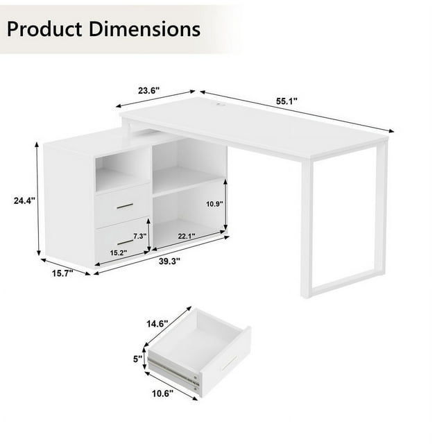 Furmax 55 Inch L-Shaped Corner Computer Desk with File Cabinet, Power Outlet, Home Office Desk with 2 Drawers and 3 Storage Shelve, Workstation Executive Desk with Storage Shelf for Home Office