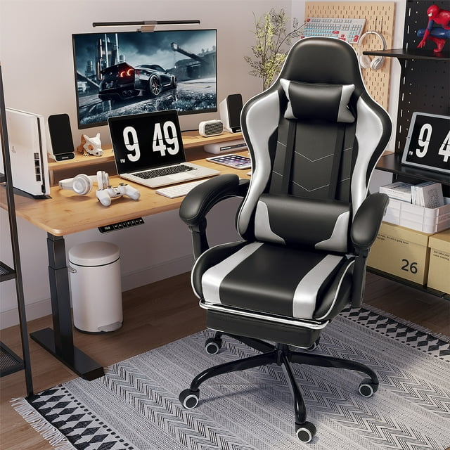 Furmax High Back Massage Gaming Chair with Footrest PU Leather Racing Computer Chair with Lumbar Support Ergonomic Office Chairs, White