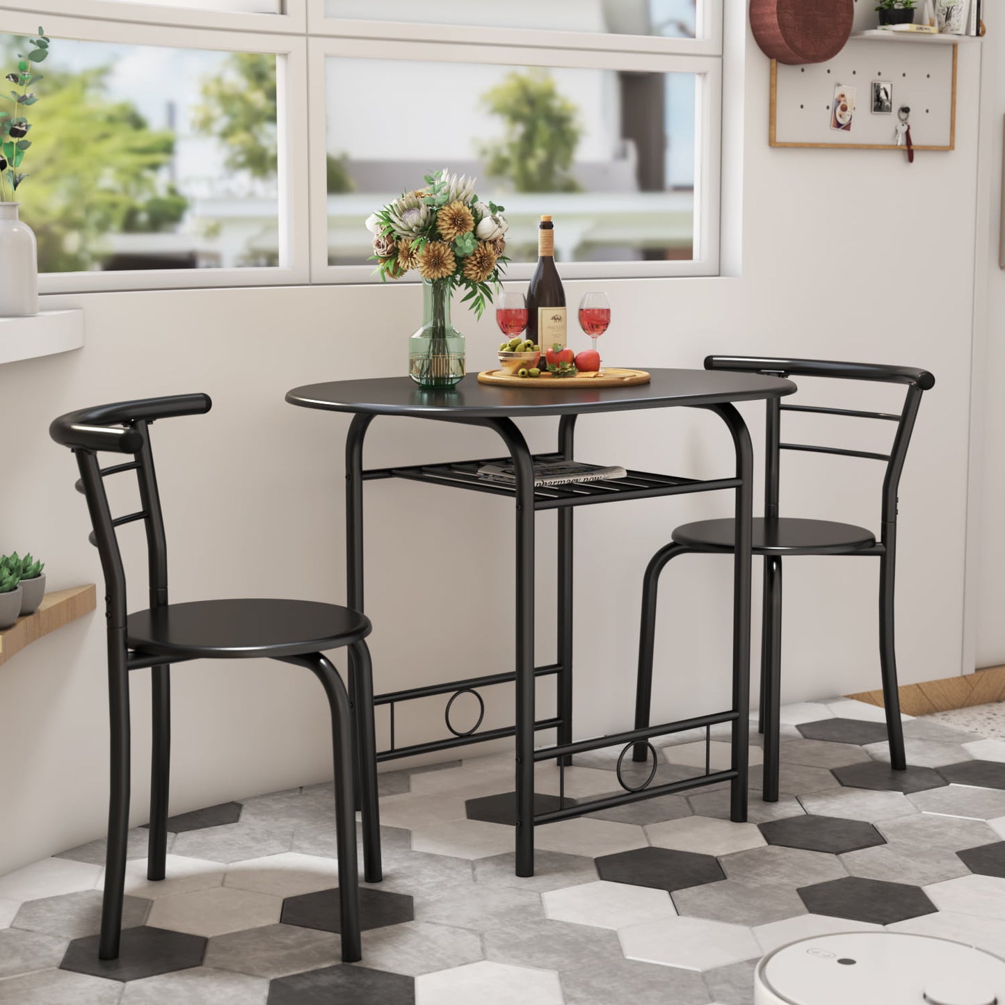 Furmax 3 Piece Wood and Metal Dining set, Small dining table for 2 ,for Living Room, Dining Room, Kitchen