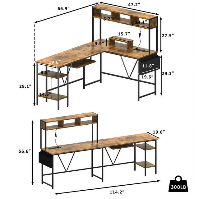Furmax L-Shape Office Desk Gaming Table with LED Lights Storage Rack Built-in Socket Computer Stand Organizer Pocket Keyboard Drawer