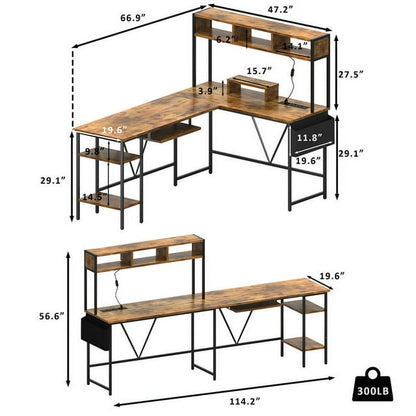 Furmax L-Shape Office Desk Gaming Table with LED Lights Storage Rack Built-in Socket Computer Stand Organizer Pocket Keyboard Drawer