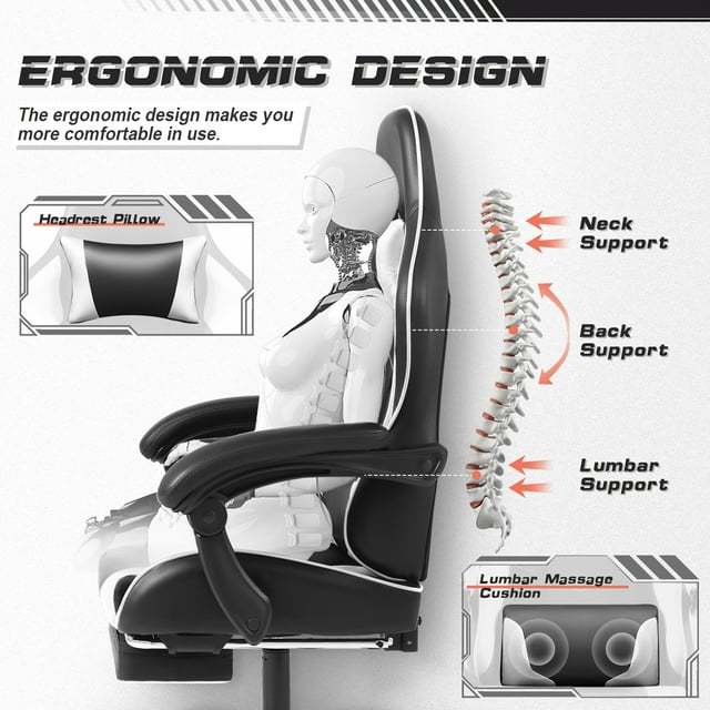 Furmax High Back Massage Gaming Chair with Footrest PU Leather Racing Computer Chair with Lumbar Support Ergonomic Office Chairs, White