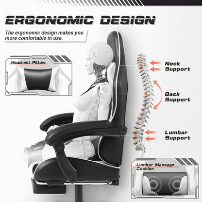 Furmax High Back Massage Gaming Chair with Footrest PU Leather Racing Computer Chair with Lumbar Support Ergonomic Office Chairs, White
