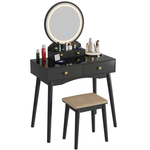 Furmax Vanity Table with Lighted Mirror, Vanity Desk with Stool, Dressing Table with 4 Drawers, Makeup Vanity Set