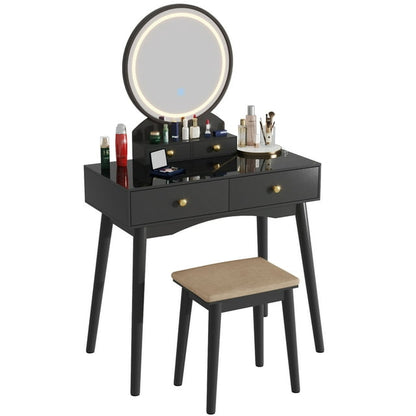 Furmax Vanity Table with Lighted Mirror, Vanity Desk with Stool, Dressing Table with 4 Drawers, Makeup Vanity Set