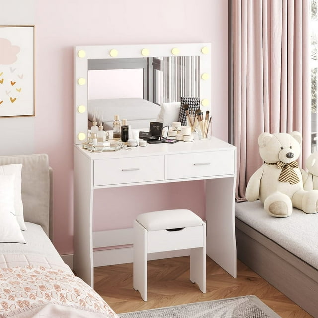 Furmax Makeup Vanity Table Set with Lights and Mirror Vanity Desk with Drawer and Chair