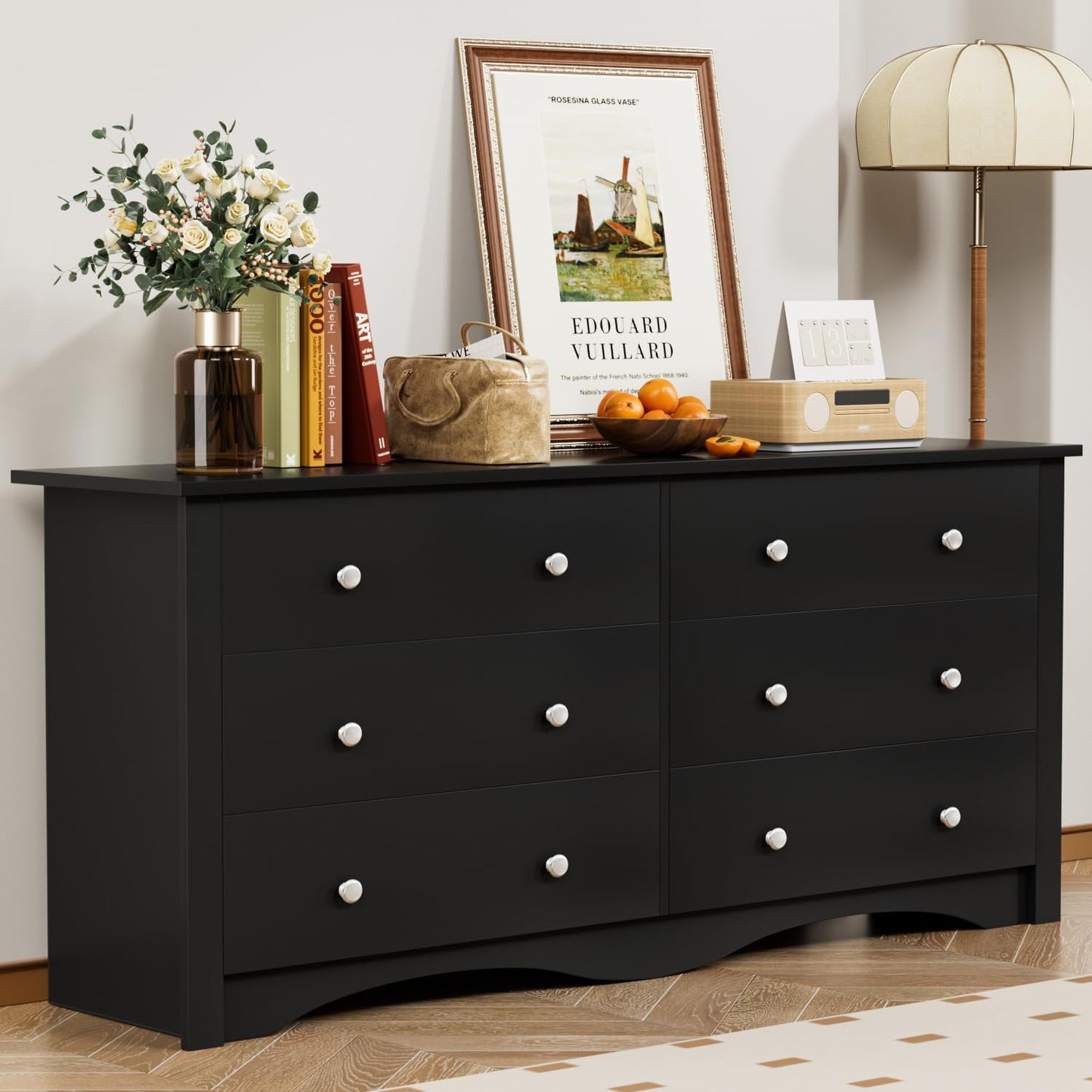 Furmax 6 Drawer Double Dresser, Wide Wood Chest Of Drawers Storage Tower Storage for Living Room Bedroom