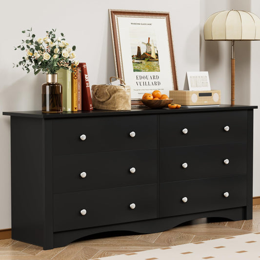 Furmax 6 Drawer Double Dresser, Wide Wood Chest Of Drawers Storage Tower Storage for Living Room Bedroom