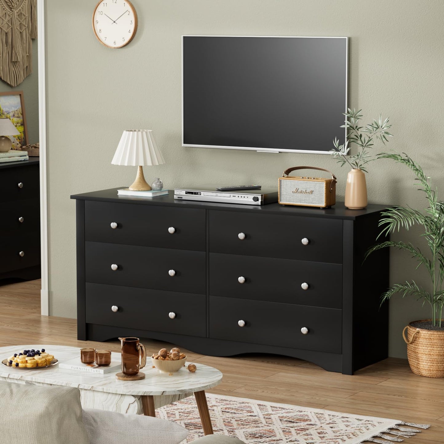 Furmax 6 Drawer Double Dresser, Wide Wood Chest Of Drawers Storage Tower Storage for Living Room Bedroom