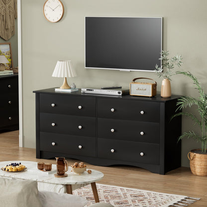 Furmax 6 Drawer Double Dresser, Wide Wood Chest Of Drawers Storage Tower Storage for Living Room Bedroom