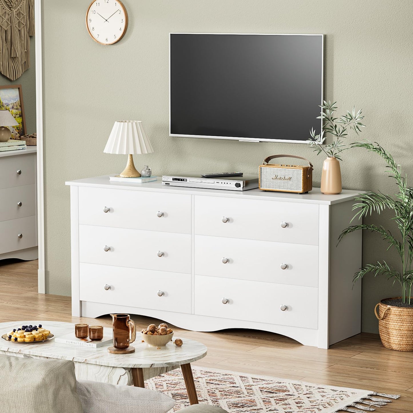 Furmax 6 Drawer Double Dresser, Wide Wood Chest Of Drawers Storage Tower Storage for Living Room Bedroom