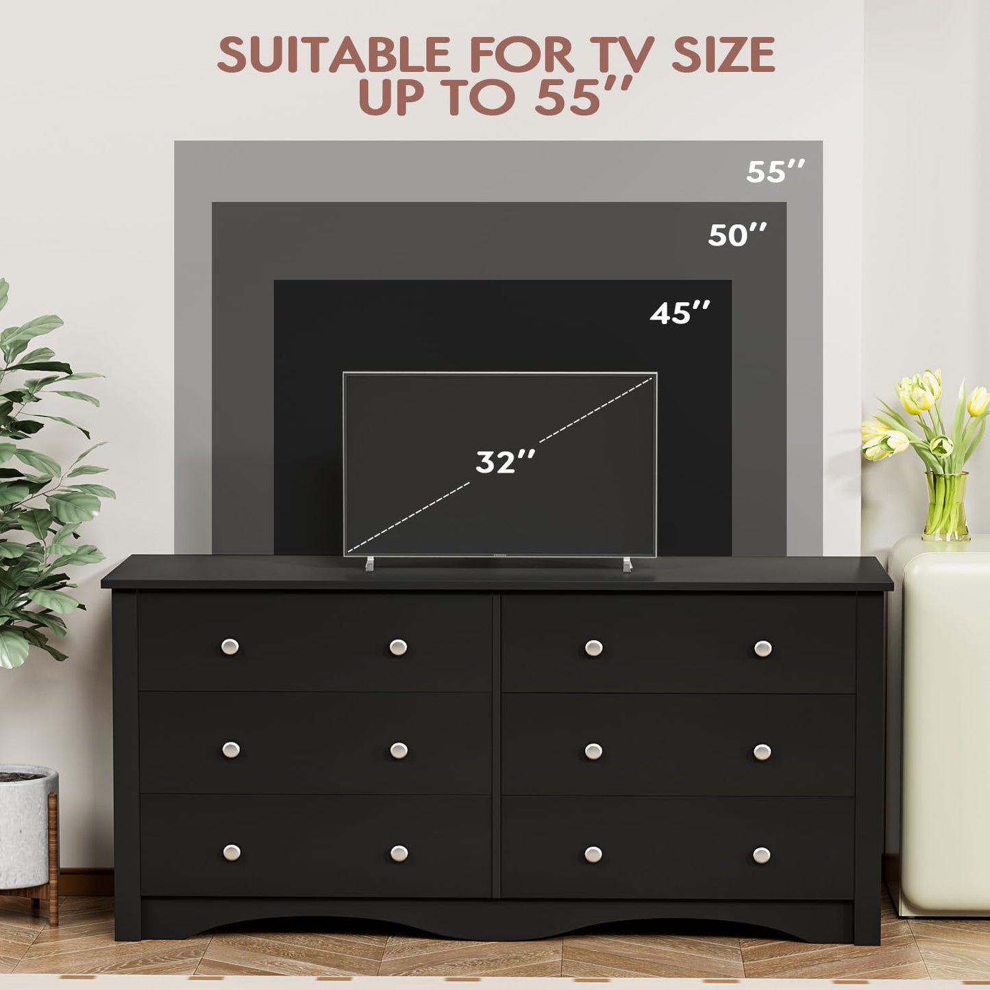 Furmax 6 Drawer Double Dresser, Wide Wood Chest Of Drawers Storage Tower Storage for Living Room Bedroom