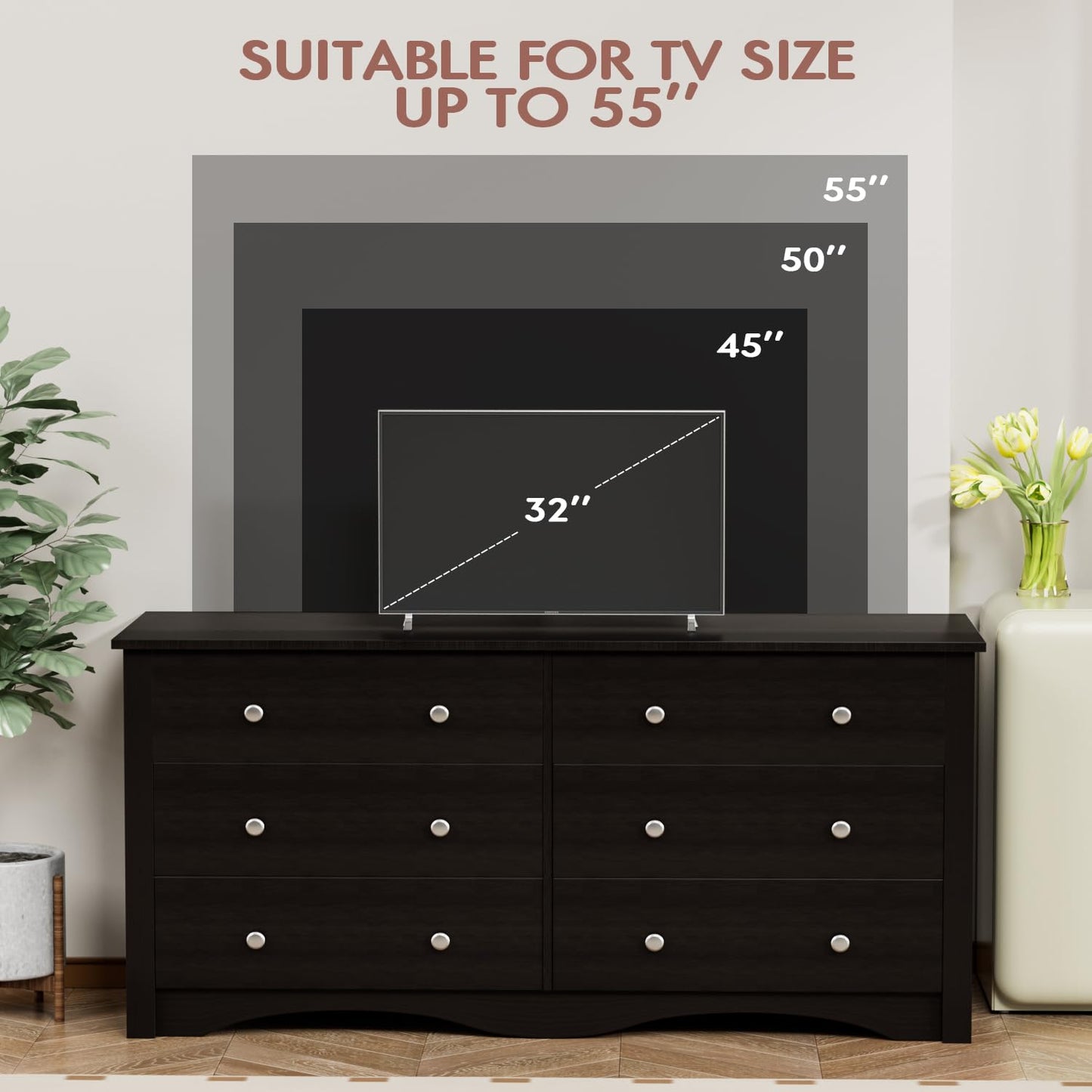 Furmax 6 Drawer Double Dresser, Wide Wood Chest Of Drawers Storage Tower Storage for Living Room Bedroom