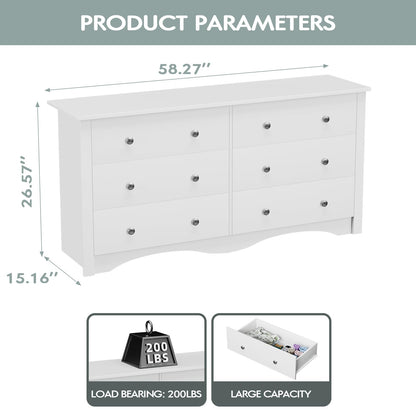 Furmax 6 Drawer Double Dresser, Wide Wood Chest Of Drawers Storage Tower Storage for Living Room Bedroom