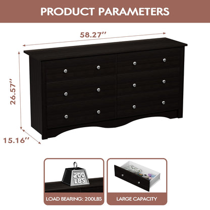 Furmax 6 Drawer Double Dresser, Wide Wood Chest Of Drawers Storage Tower Storage for Living Room Bedroom