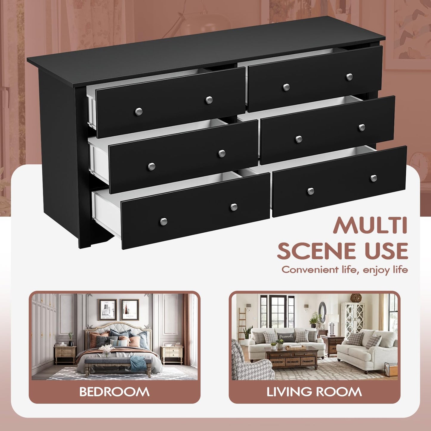 Furmax 6 Drawer Double Dresser, Wide Wood Chest Of Drawers Storage Tower Storage for Living Room Bedroom