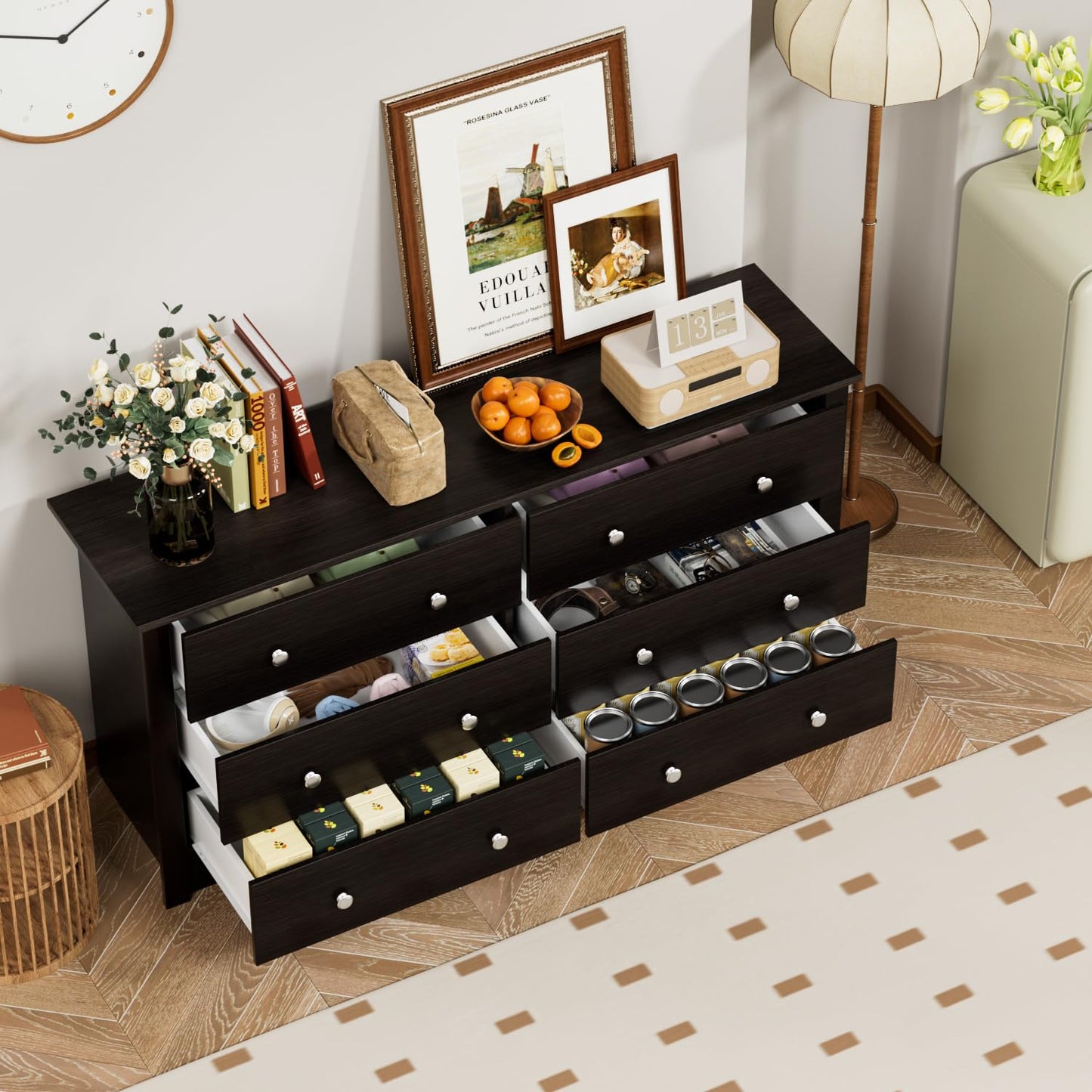 Furmax 6 Drawer Double Dresser, Wide Wood Chest Of Drawers Storage Tower Storage for Living Room Bedroom