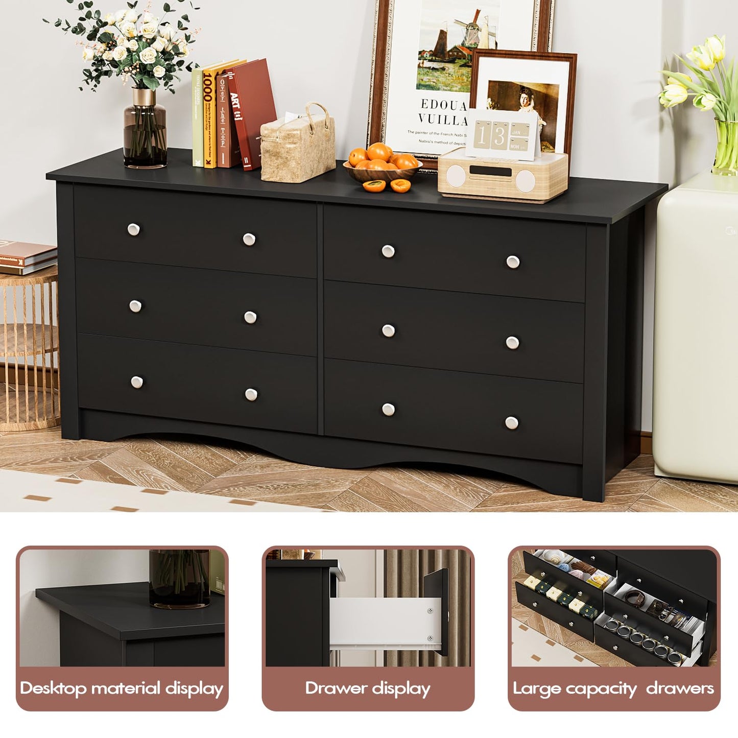 Furmax 6 Drawer Double Dresser, Wide Wood Chest Of Drawers Storage Tower Storage for Living Room Bedroom