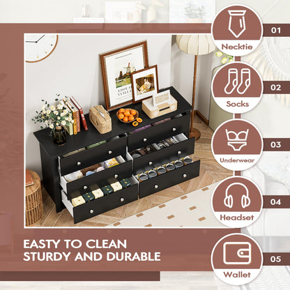 Furmax 6 Drawer Double Dresser, Wide Wood Chest Of Drawers Storage Tower Storage for Living Room Bedroom